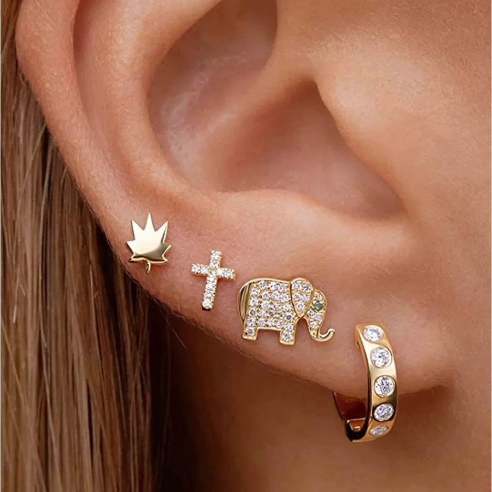 14K Gold Plated CZ Inlay Christian Cross Small Stud Earrings Baby Girl Women New - Picture 12 of 14